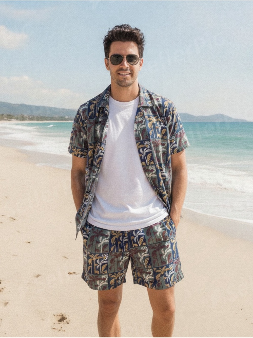 Ike Behar Resort Tropical Print Shirt in Navy, Green, Mustard & Burgundy. NWON